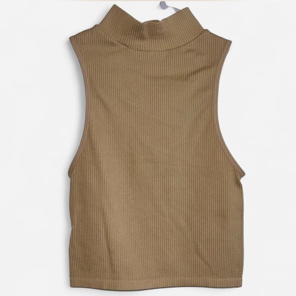 Neutral Ribbed Mock Neck Cropped Tank Top | Tan Beige Sleeveless